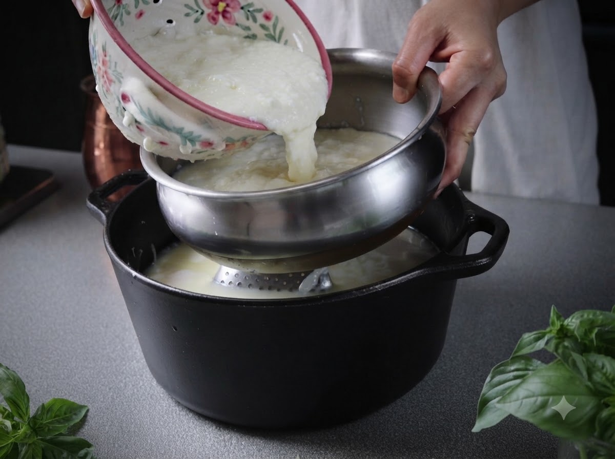 Hot cheese curd mixture being poured from a patterned bowl through a colander into a stainless steel bowl.