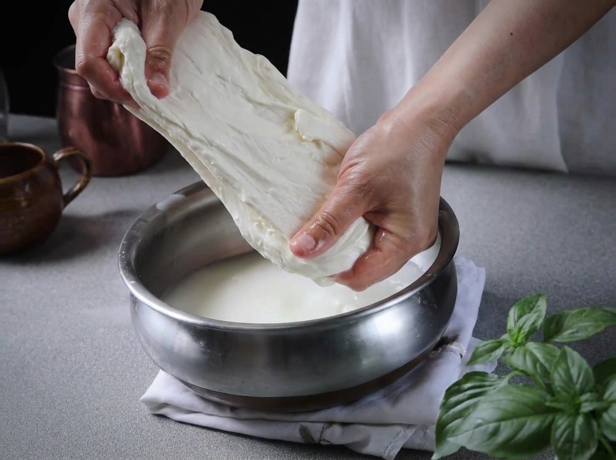 Hands stretching and pulling a piece of white mozzarella curd inside a metal bowl of water.