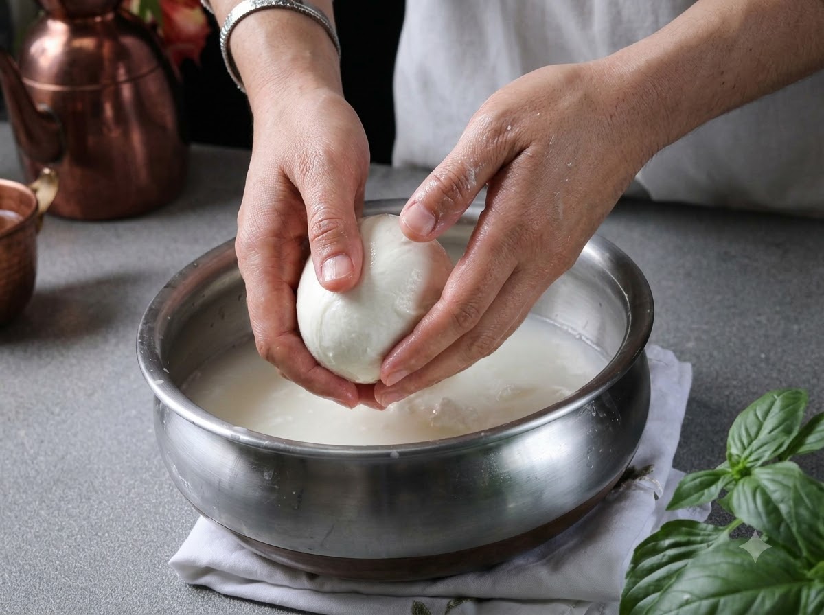 Hands forming a smooth sphere of fresh mozzarella cheese submerged in a metal bowl of water.