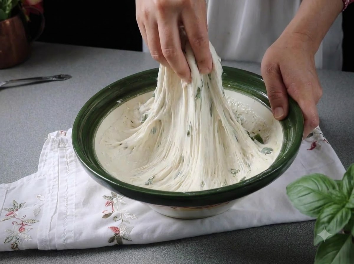 Hands pulling and stretching sticky fermented pizza dough upward from inside a green-rimmed bowl.