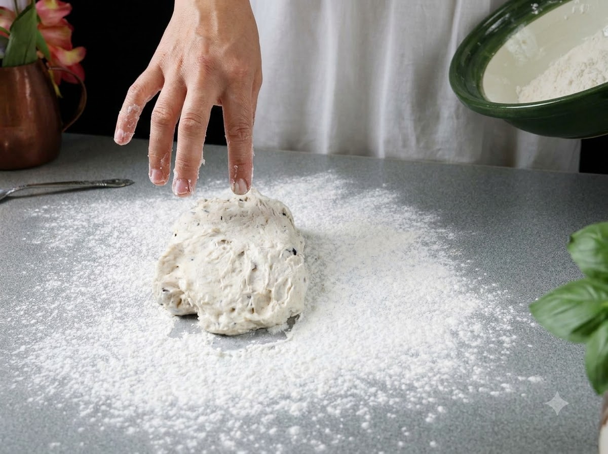 A hand hovering over a mound of pizza dough resting on a floured gray countertop.