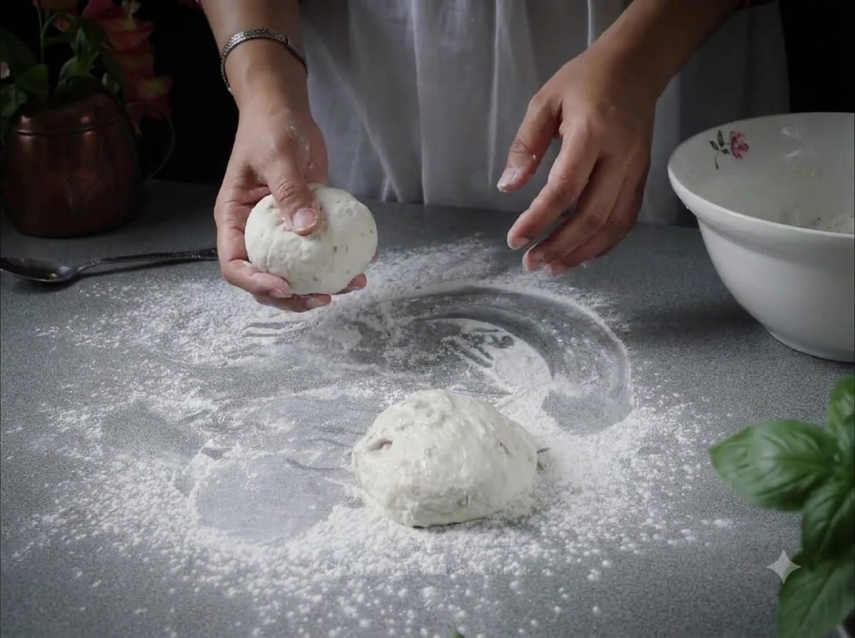 Hands holding a shaped round pizza dough ball next to another dough ball on a floured surface.