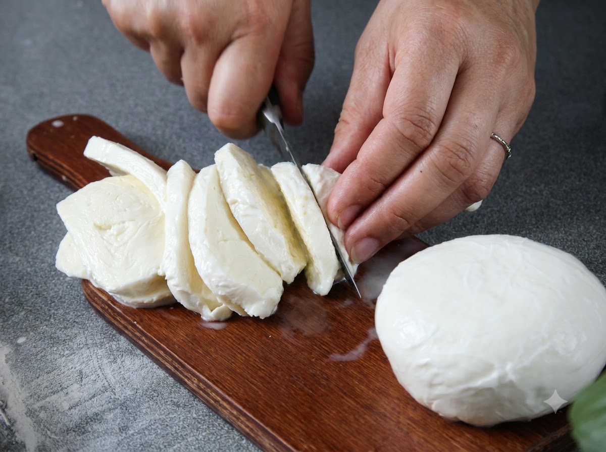 A knife slicing through a ball of fresh mozzarella cheese on a wooden cutting board, with several slices already cut.
