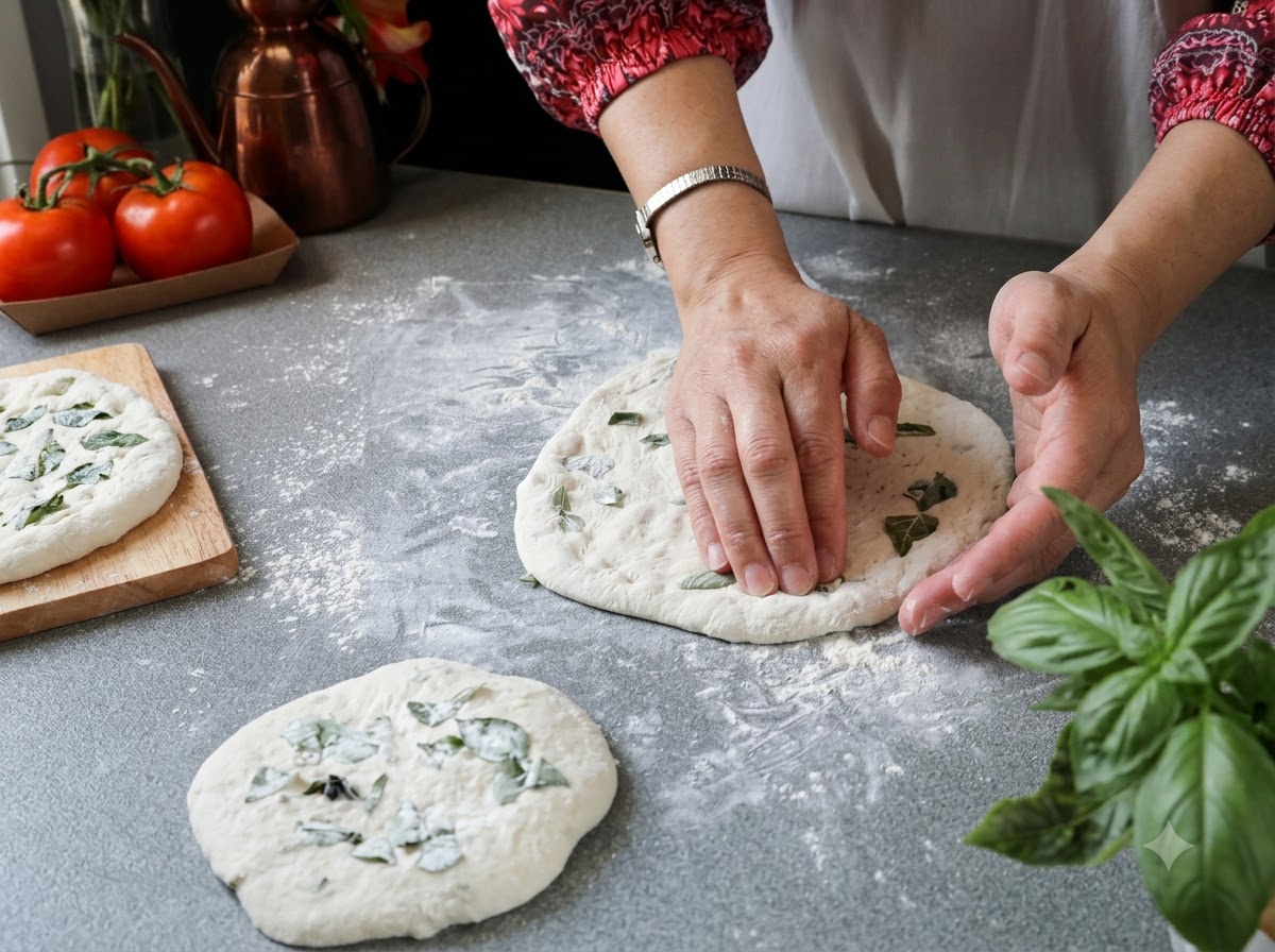 Hands stretching out a round disk of pizza dough on a floured surface surrounded by fresh basil leaves.