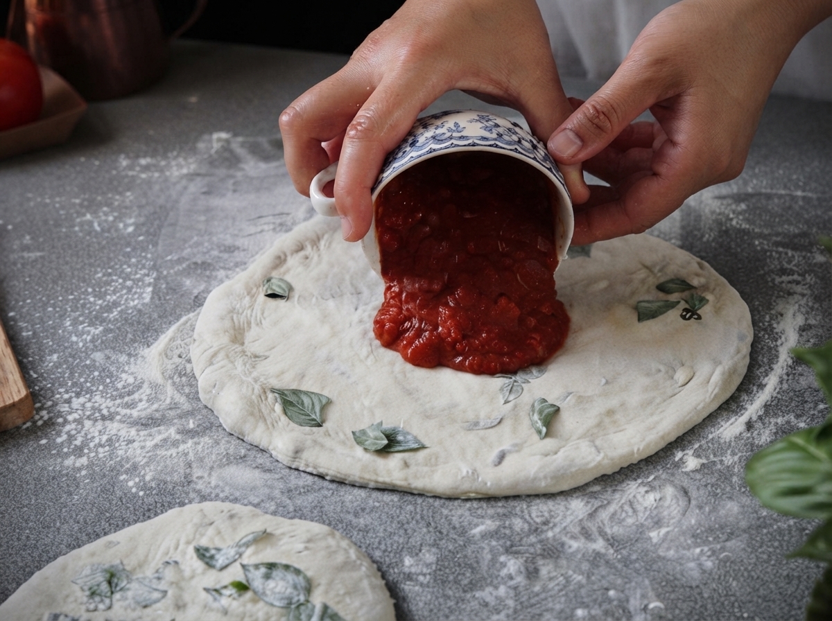 Thick red tomato sauce being emptied from a small patterned bowl onto the center of a flat pizza dough.