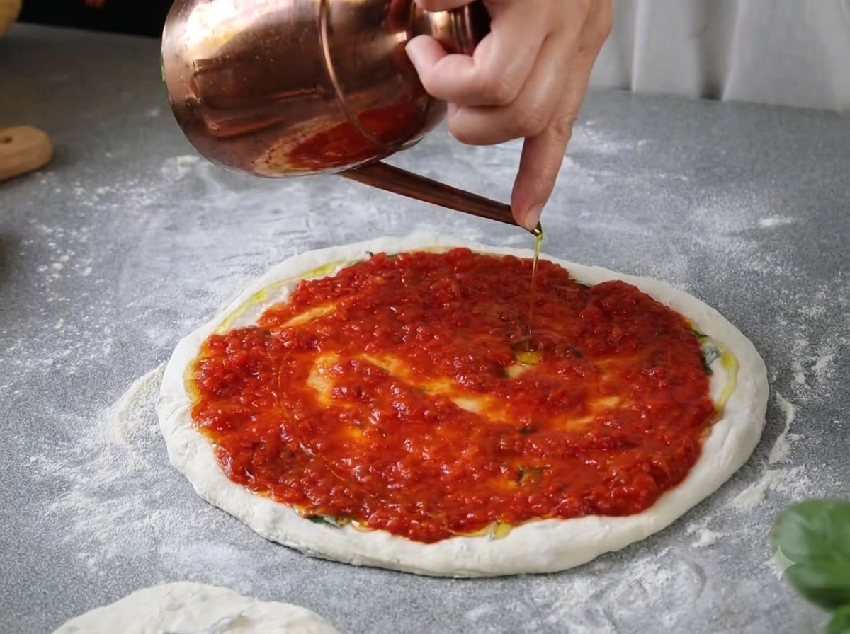 Extra virgin olive oil being poured from a copper cruet in a thin stream over a layer of red tomato sauce.