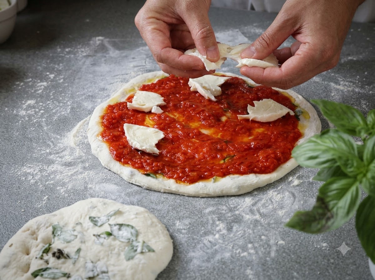 Hands tearing and placing white pieces of fresh mozzarella cheese over red tomato sauce on raw pizza dough.