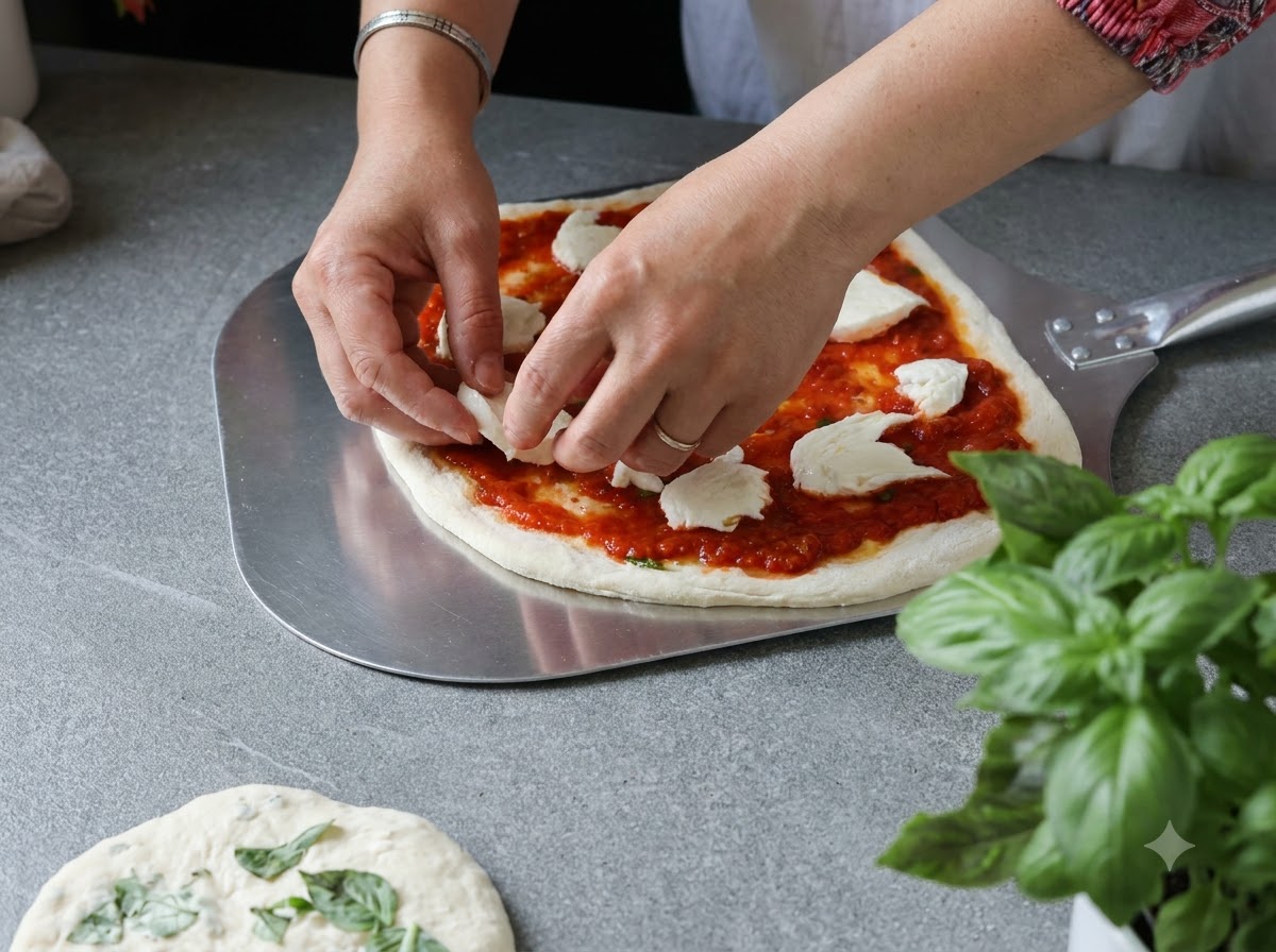 Hands positioning a prepared raw pizza onto a large metal peel on a kitchen counter.