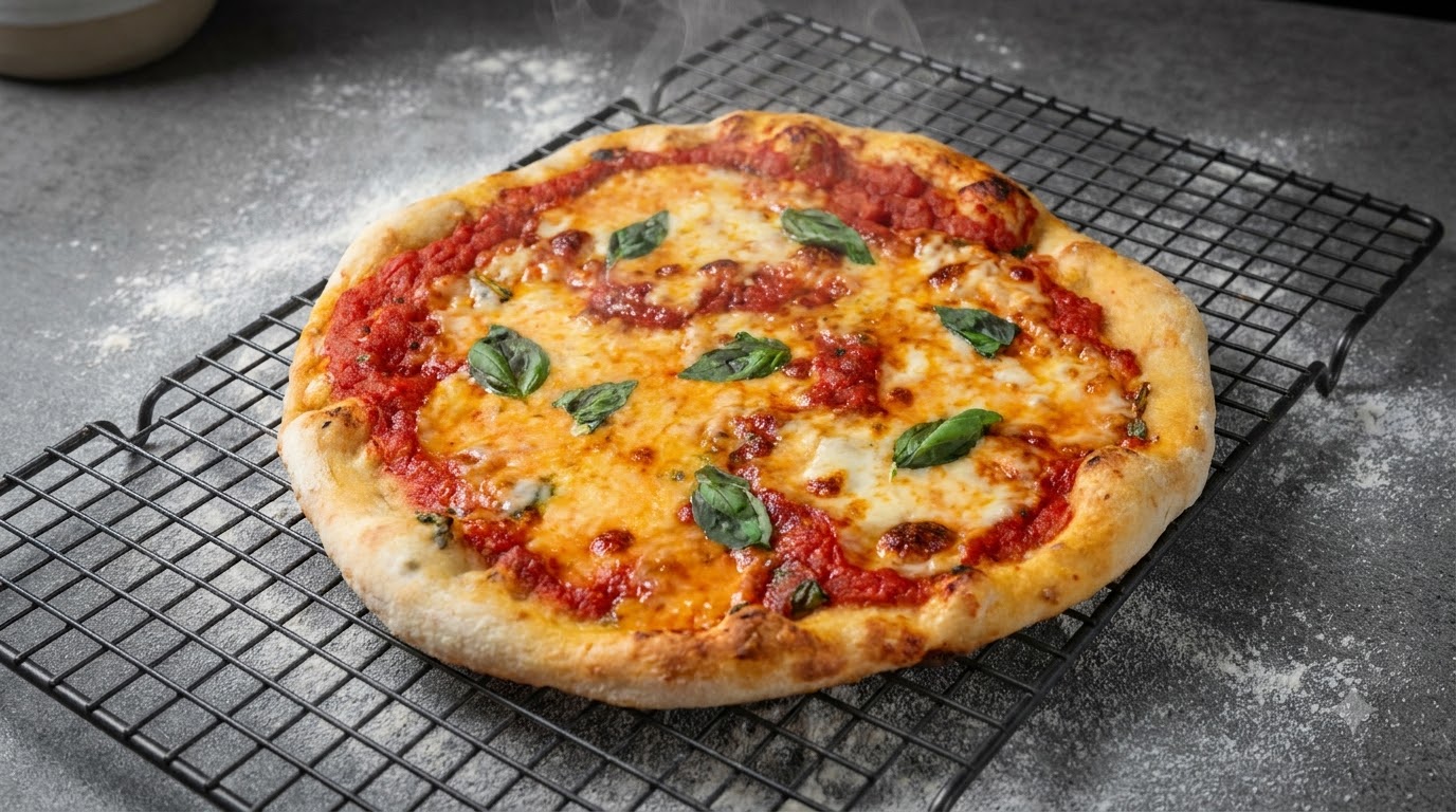 A freshly baked Neapolitan pizza topped with homemade mozzarella, vibrant tomato sauce, and fresh basil leaves.