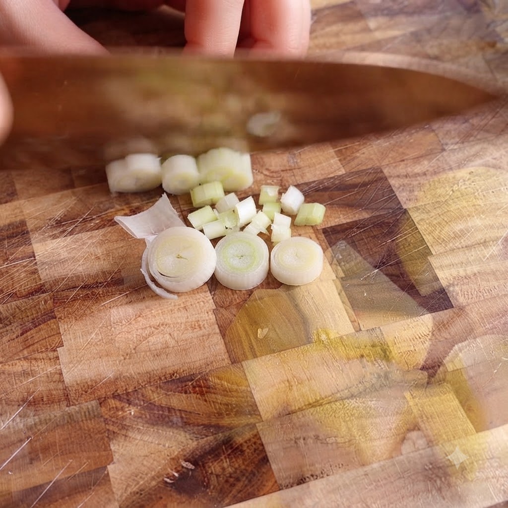 A chefs knife slicing through peeled potatoes on a wooden cutting board into bite-sized cubes.