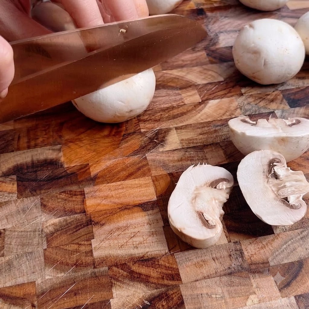 Sliced fresh white mushrooms resting on a wooden cutting board.