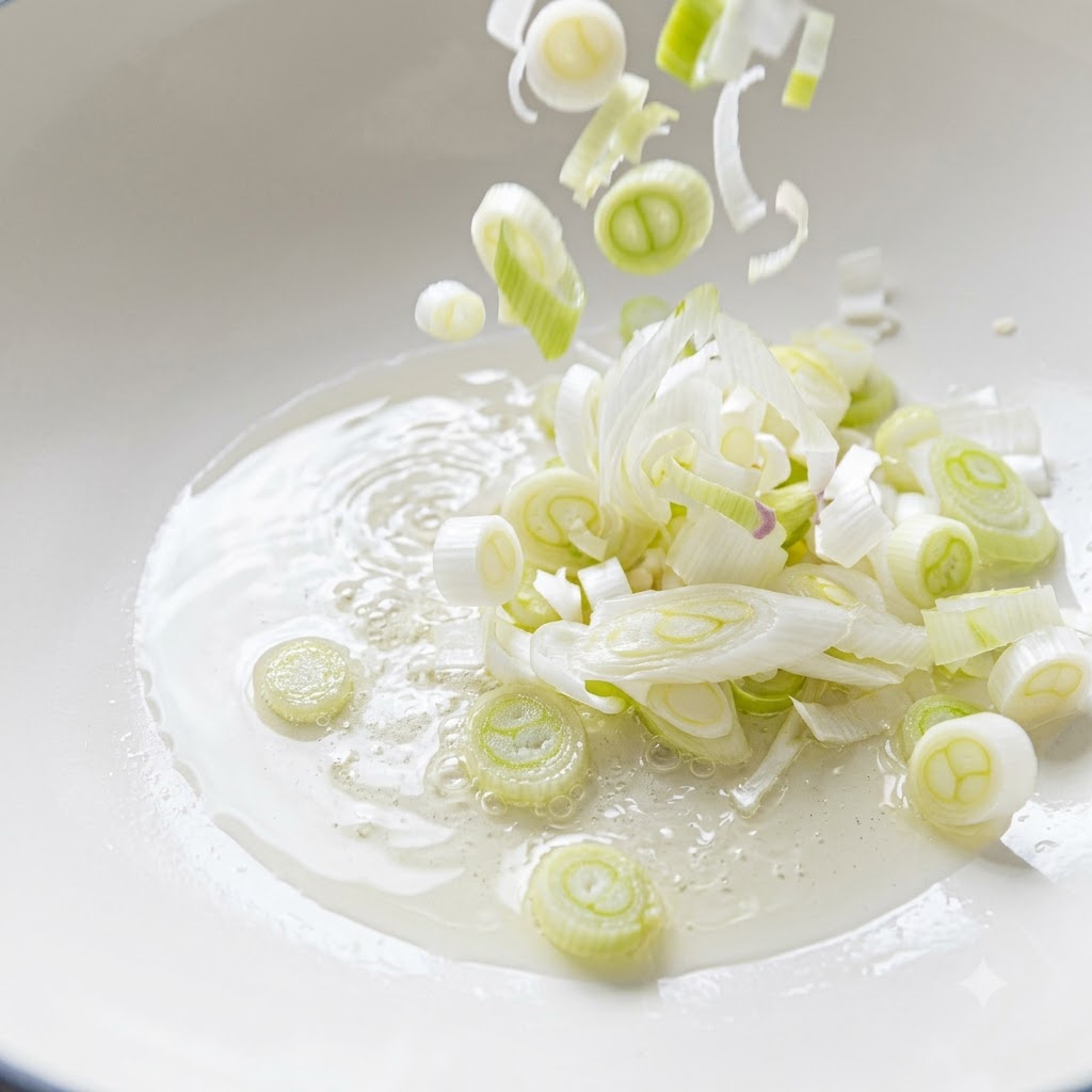 Sliced white scallions dropping into hot oil inside a light-colored pot, being stirred with a red spatula.