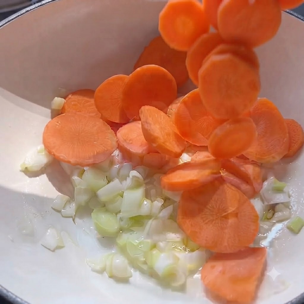 Bright orange carrot slices falling into a pot containing sautéed leeks and hot oil.