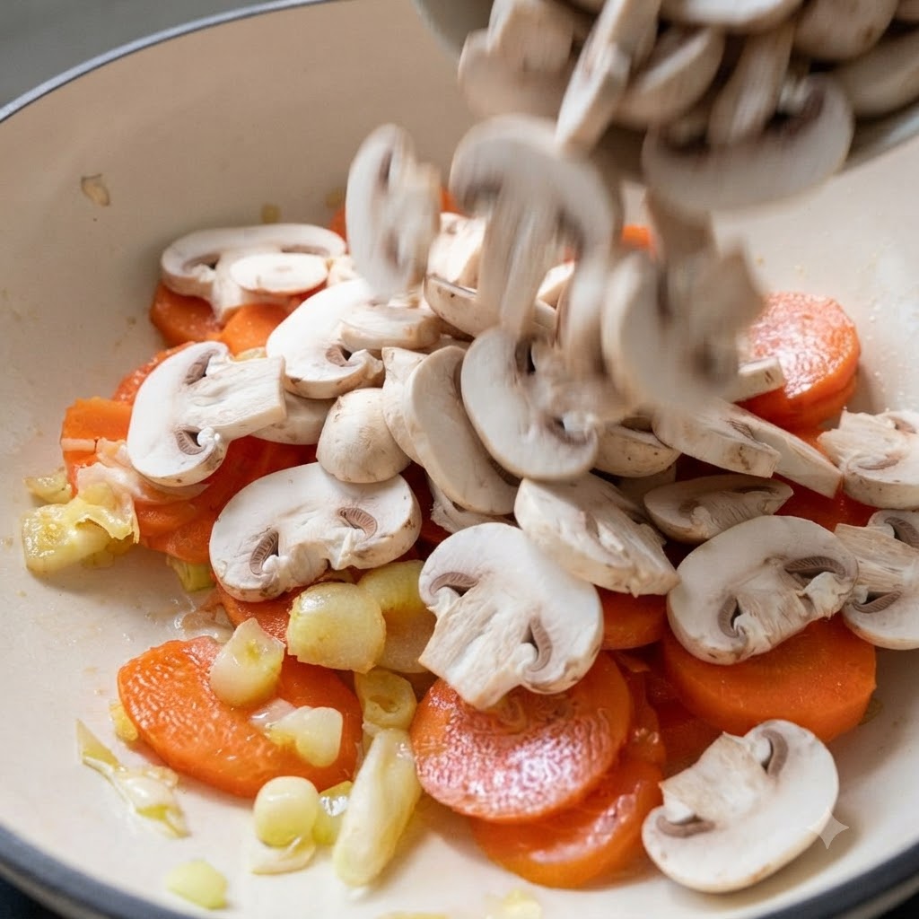 Fresh white mushroom slices being poured from a bowl into a cooking pot filled with sliced carrots and aromatics.