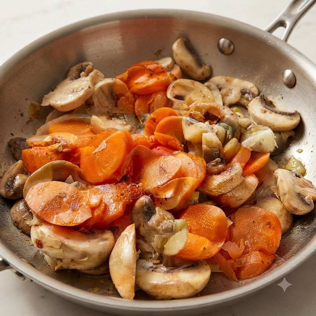 Potatoes and carrots being stirred together inside a cooking pan.