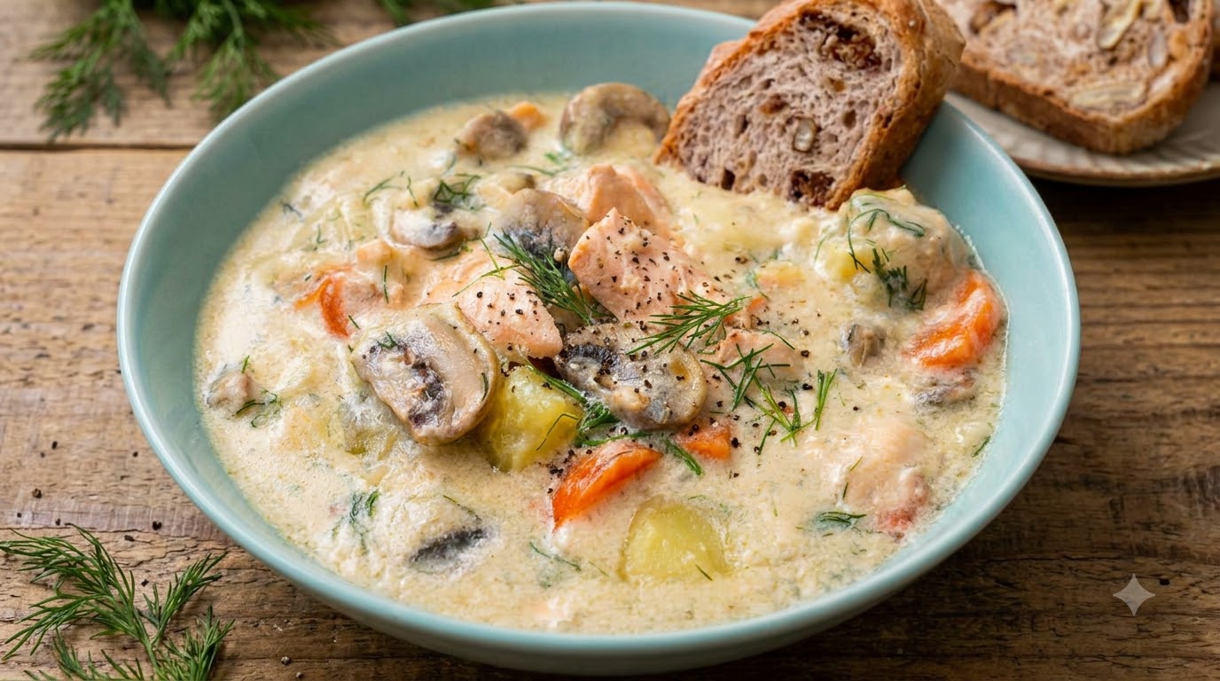 A bowl of creamy salmon chowder filled with tender chunks of salmon, golden potatoes, sliced carrots, mushrooms, and fresh dill.