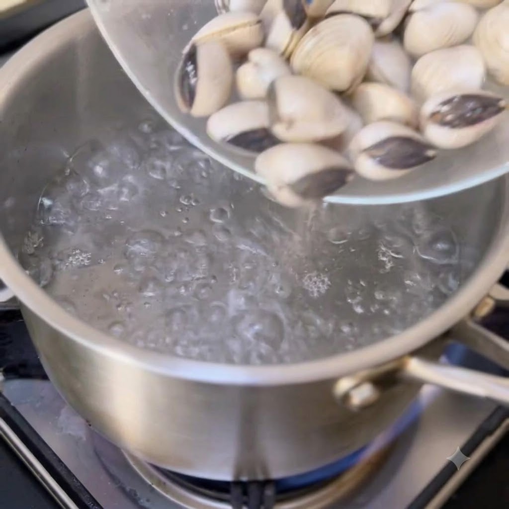 Clams being added to boiling water in a metal pot.