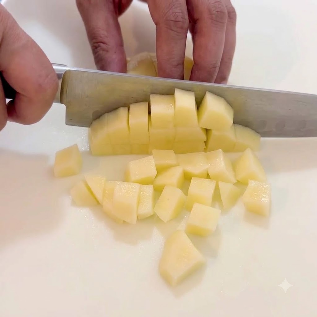 A chef slicing a peeled potato into small uniform cubes on a white cutting board.