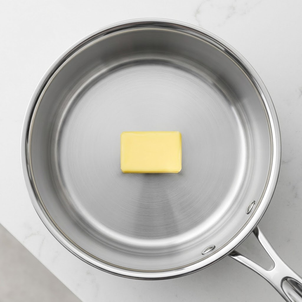 A single rectangular block of butter melting inside a stainless steel pot.