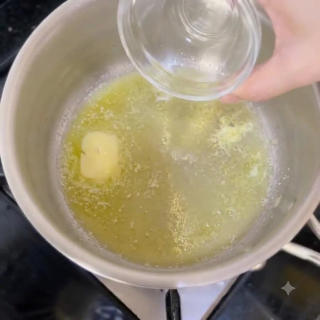 A small bowl of flour being poured into melted butter in a pot on the stove.