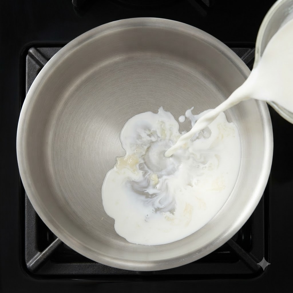 Milk and heavy cream being poured from a glass measuring cup into a pot.