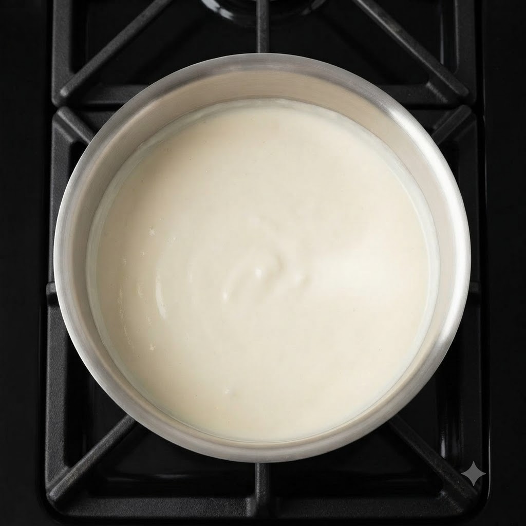A top-down view of a saucepan filled with a thick, smooth, white cream mixture.