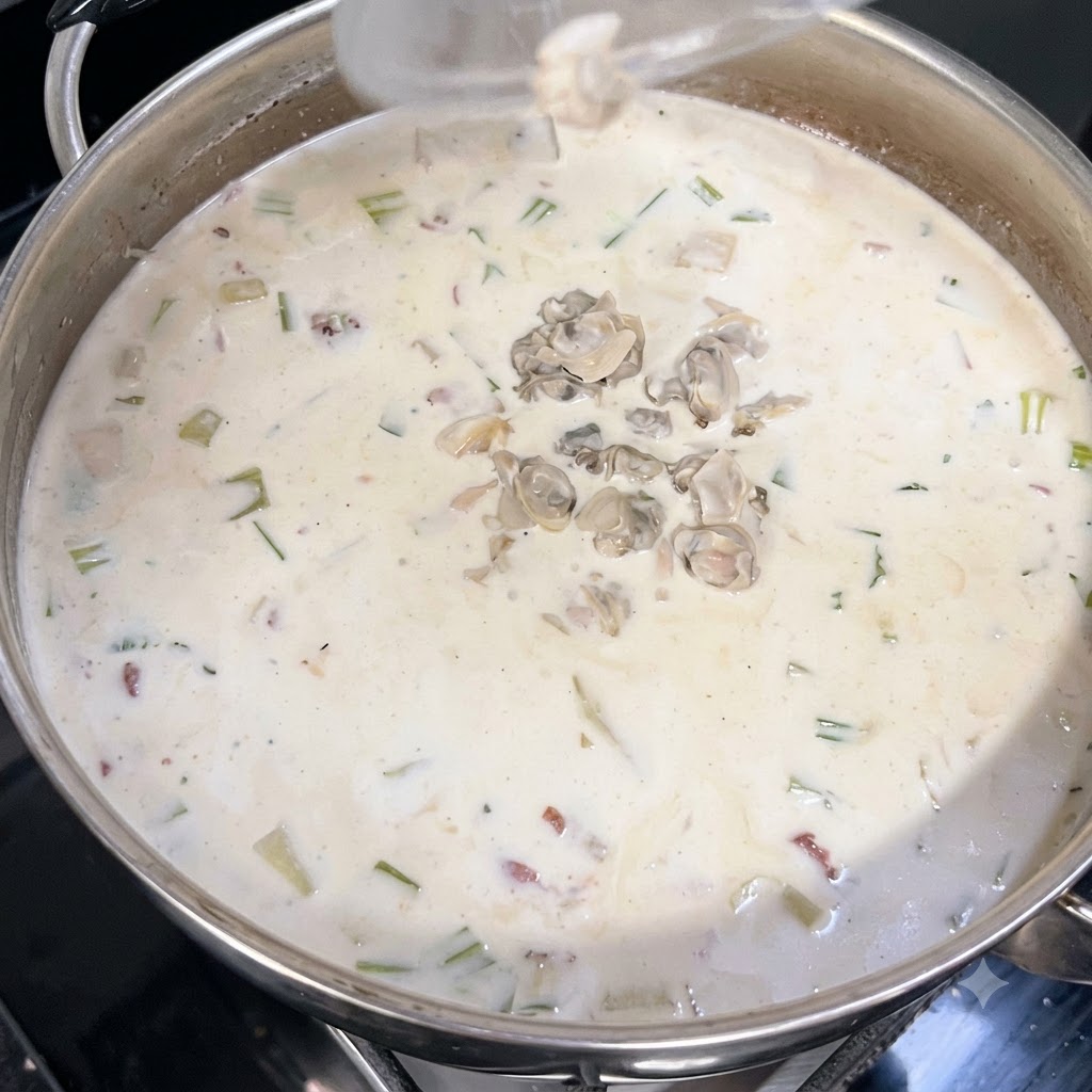 Chopped clam meat pieces being dropped into a large pot filled with creamy white soup.