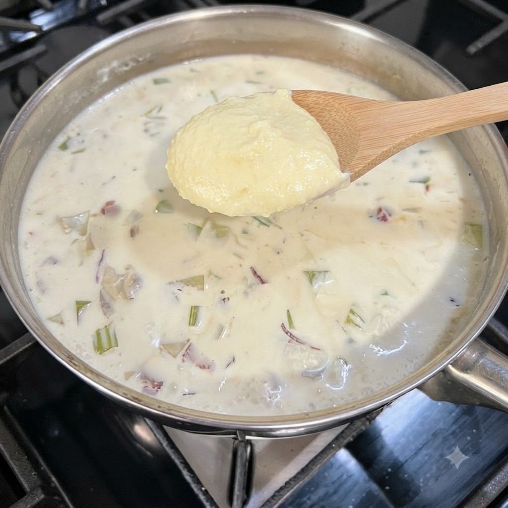 A wooden spoon holding a scoop of thick yellow roux above a pot of creamy soup.
