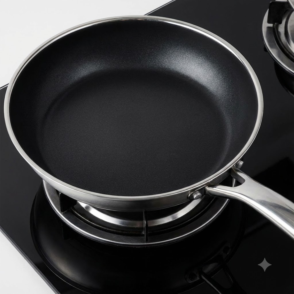 A small piece of yellow butter melting inside a dark non-stick frying pan.
