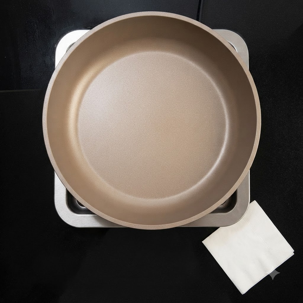 A clean frying pan resting on a stovetop next to a folded white paper napkin.