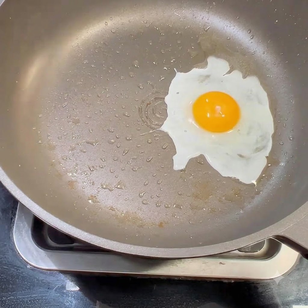 A single cracked egg frying in a non-stick pan with small oil droplets around it.