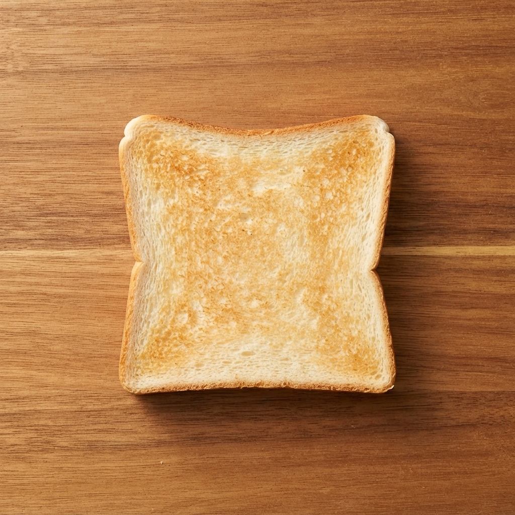 A single square slice of golden-brown toasted bread resting centered on a wooden surface.