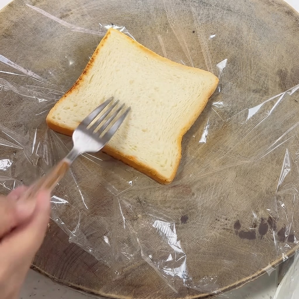 A hand using a metal fork to spread sauce over a piece of toast placed on a plastic wrap sheet.