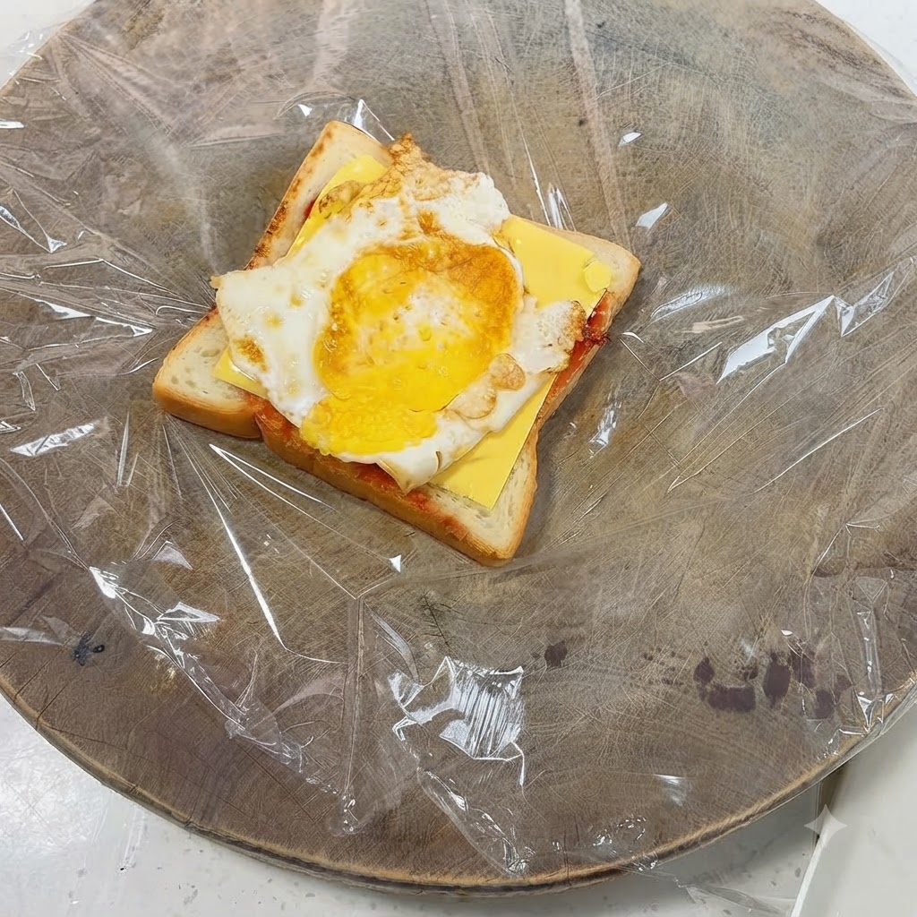 A fried egg placed on top of a yellow cheese slice resting on toasted bread.