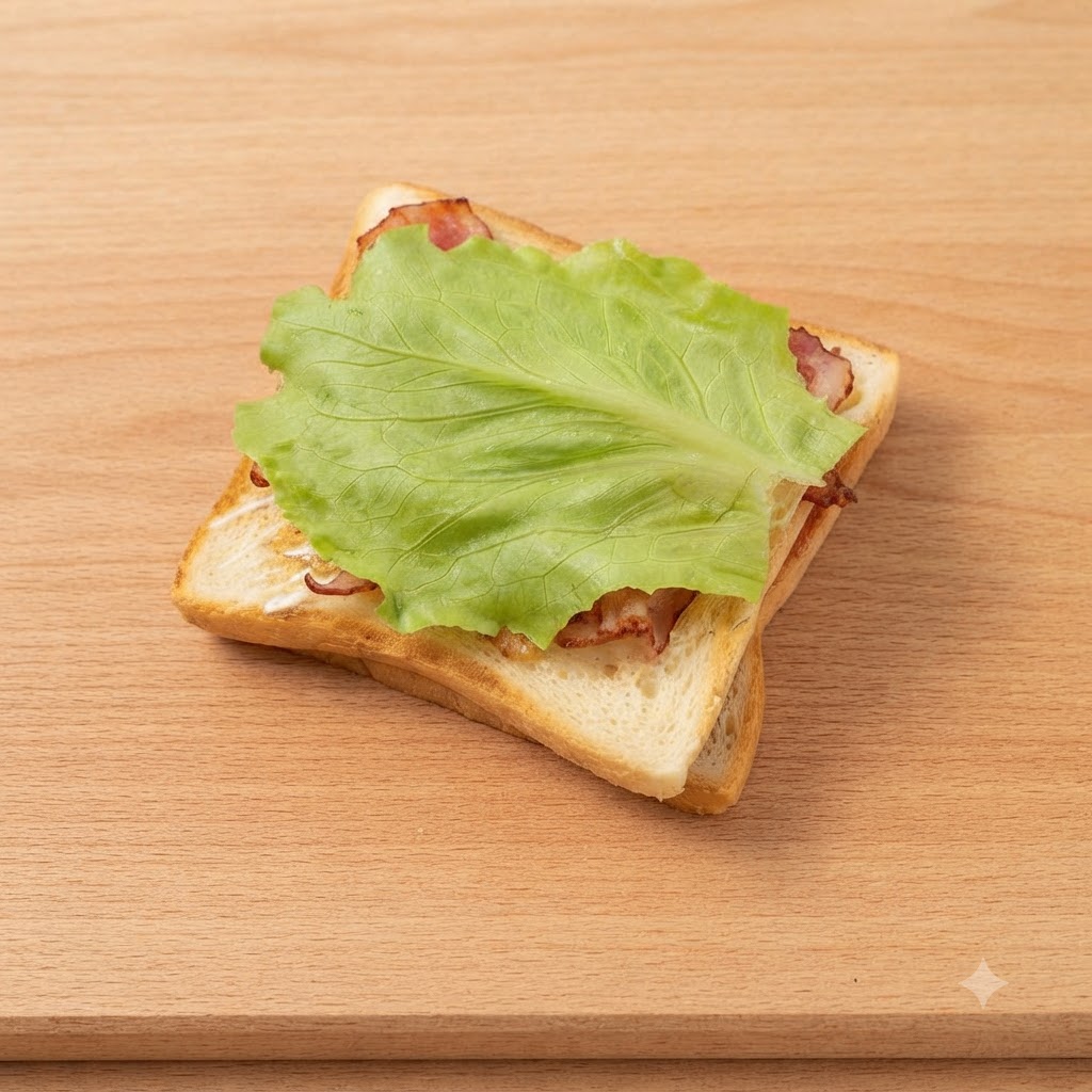 A fresh green lettuce leaf layered on top of the bacon.