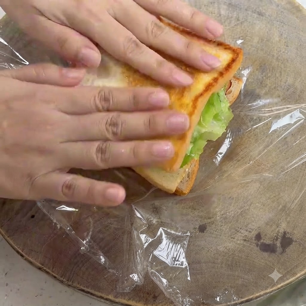 Hands gently pressing down on the top slice of toasted bread to complete the sandwich.