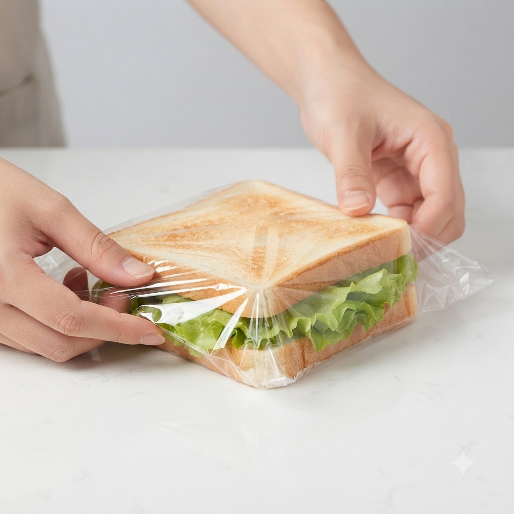 Hands folding plastic wrap tightly around the assembled sandwich on a white surface.