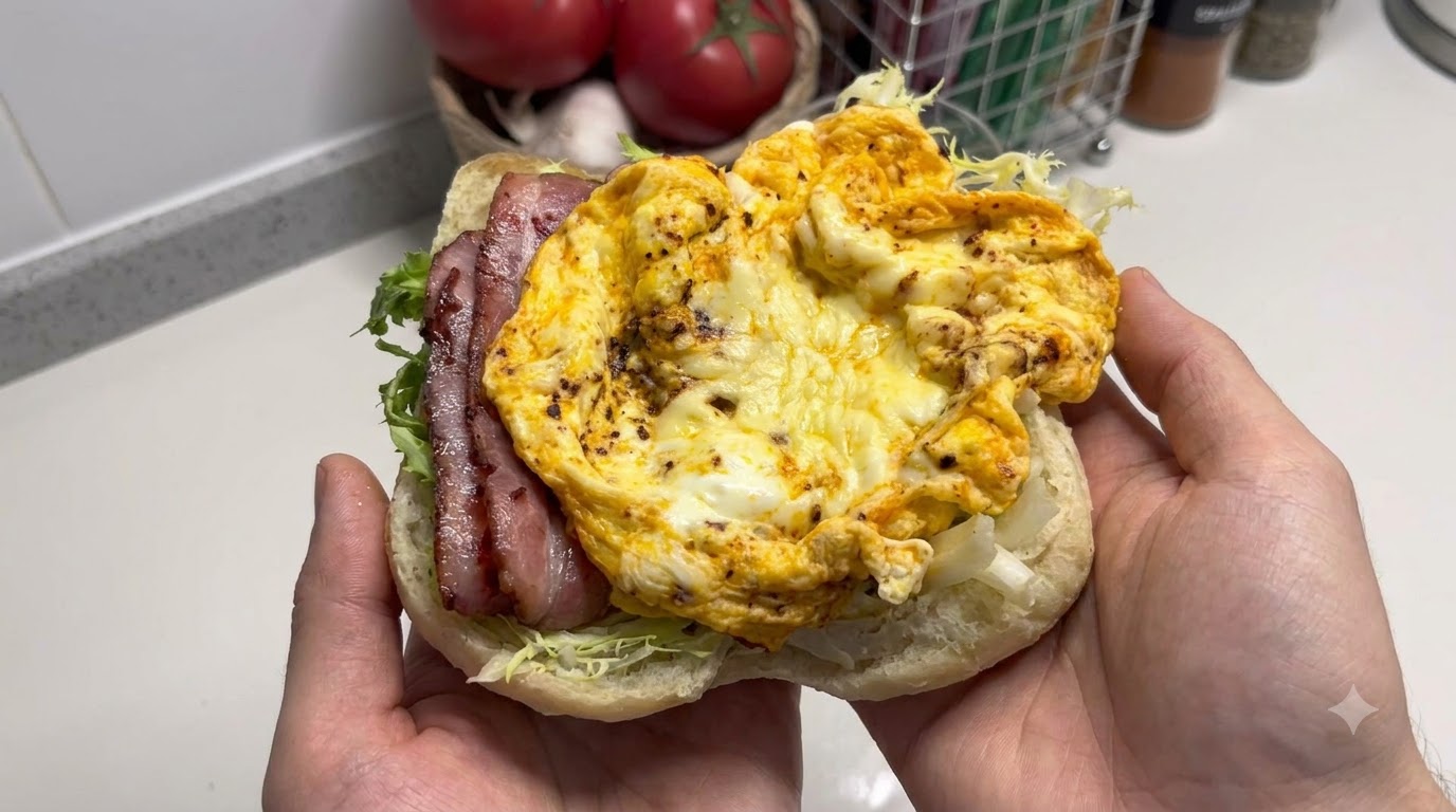Bacon, Cheese and Egg Ciabatta Sandwich with Iced Coffee