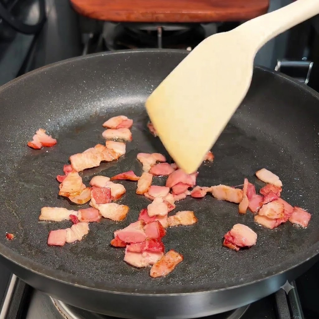 Small pieces of bacon being stir-fried in a dark frying pan with a wooden spatula.