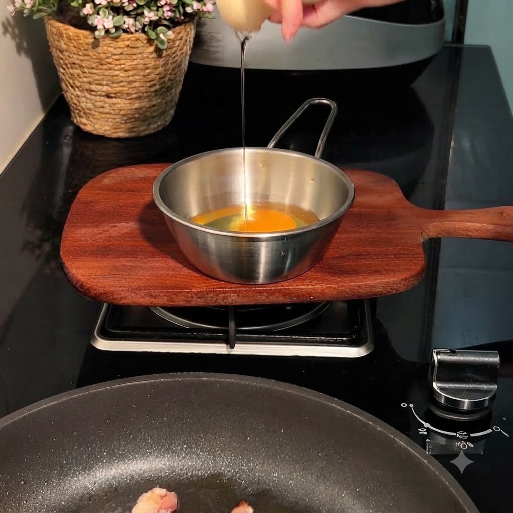An egg being cracked into a container above a frying pan containing bacon and cabbage.