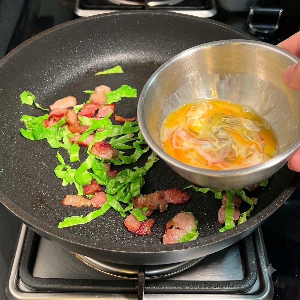 A bowl of beaten eggs and milk being poured into a frying pan containing bacon and cabbage.