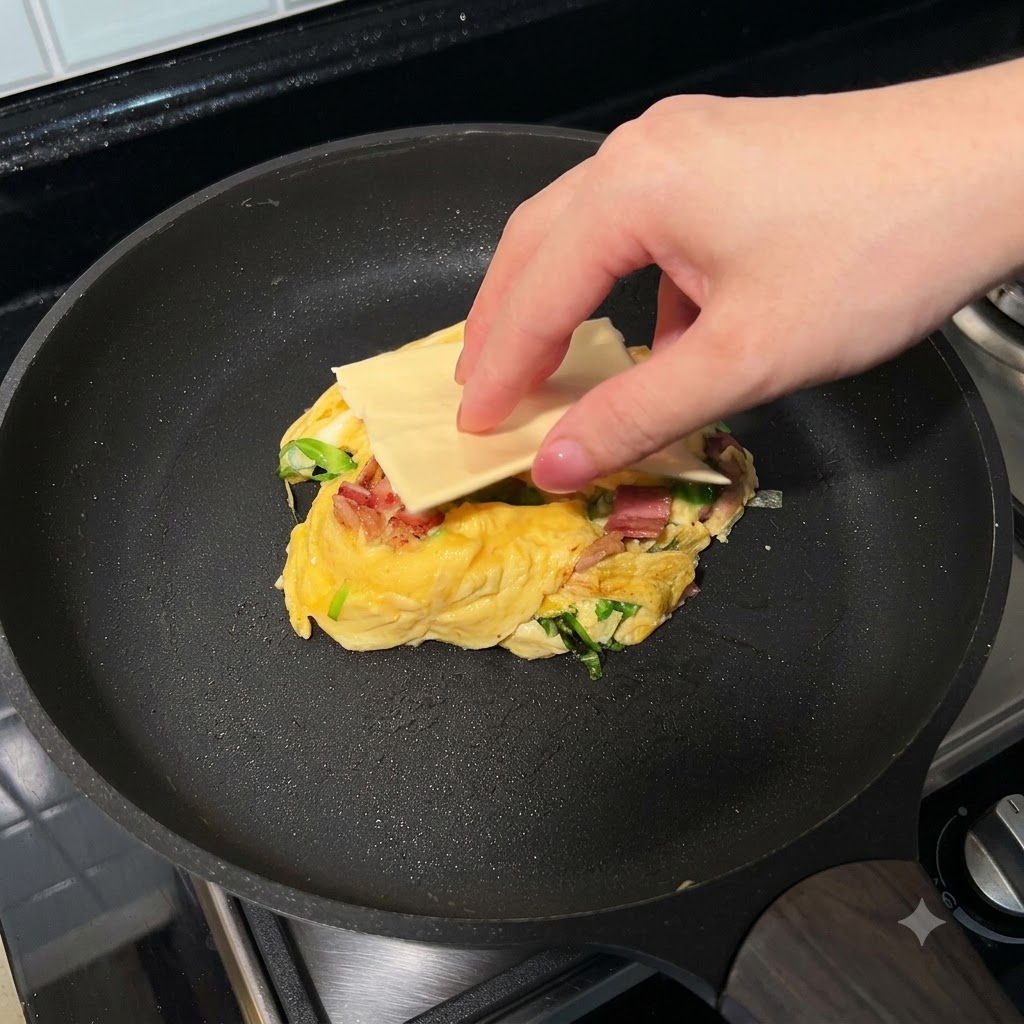 A square slice of cheese being placed on top of a folded egg bundle in a frying pan.