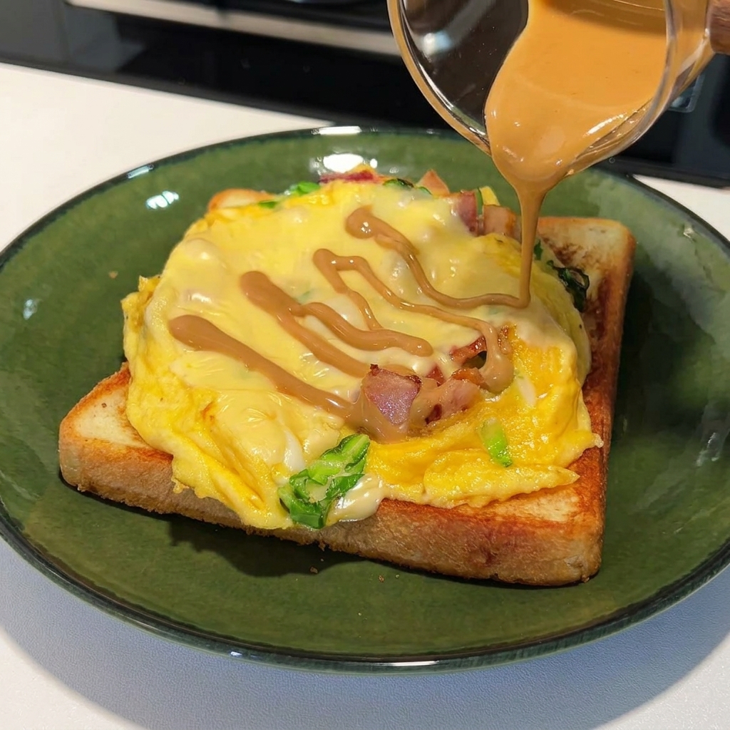 Peanut sauce being poured in zigzags over a cheesy egg toast on a green plate.