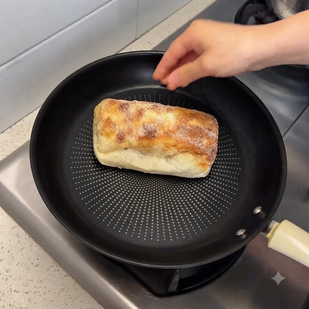 Ciabatta bread resting inside a black non-stick frying pan with a hand adjusting the lid.