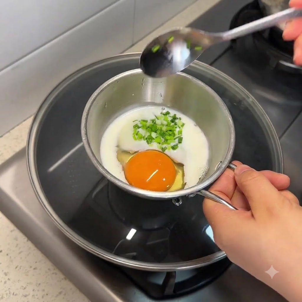 An egg, milk, and chopped green onions inside a small metal pot being whisked with a spoon.
