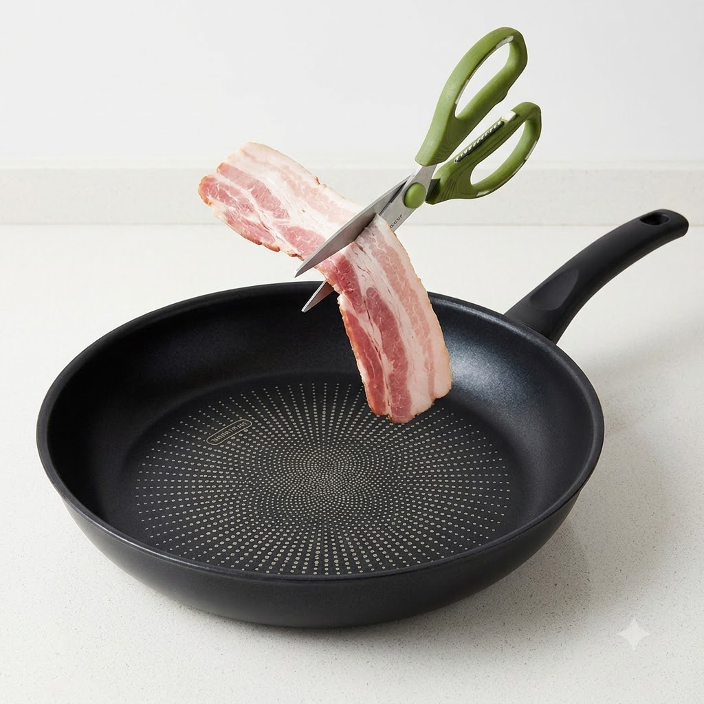 Green kitchen scissors cutting raw bacon strips directly over an empty black frying pan.