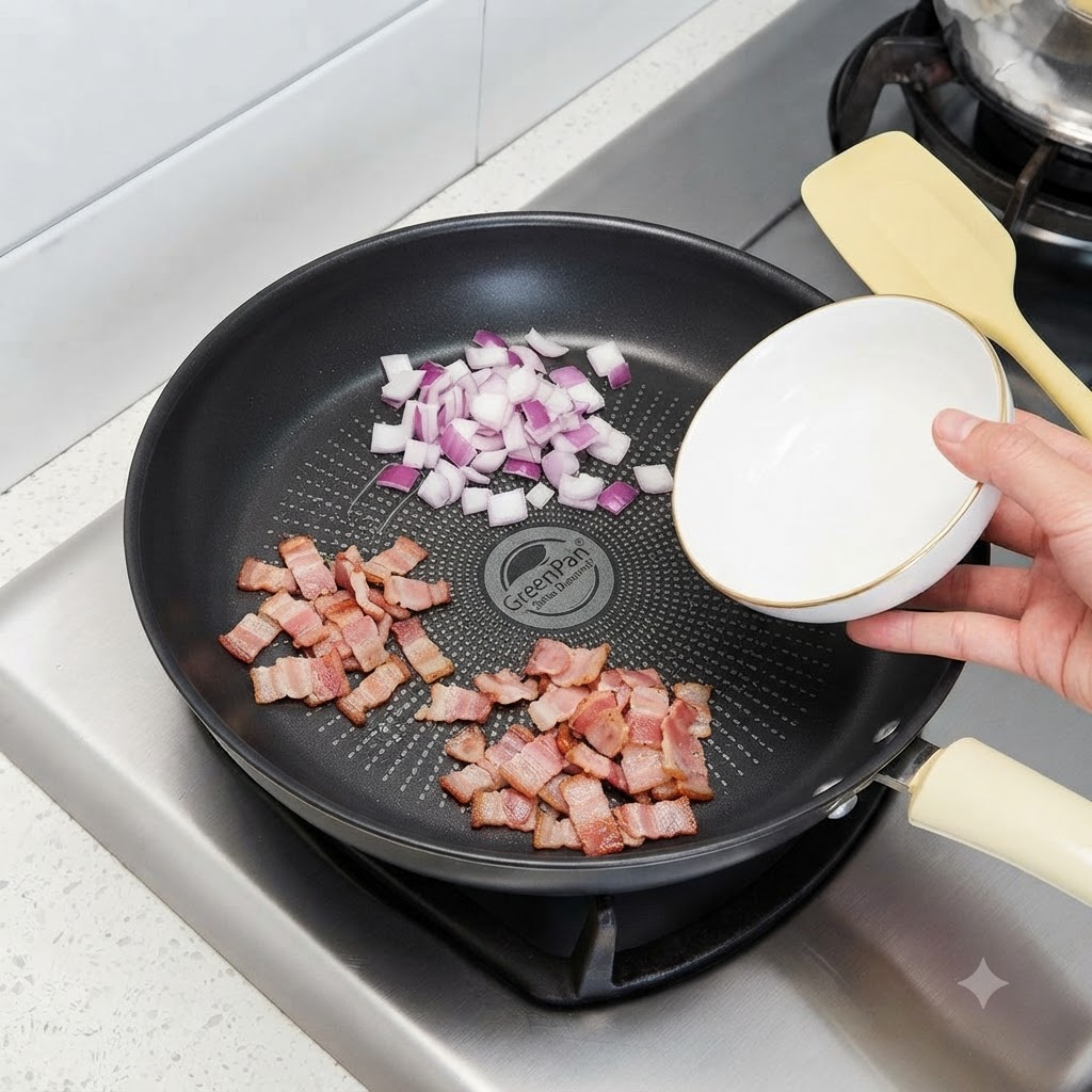 A frying pan containing pieces of cooked bacon and a pile of chopped red onions next to a small white bowl.
