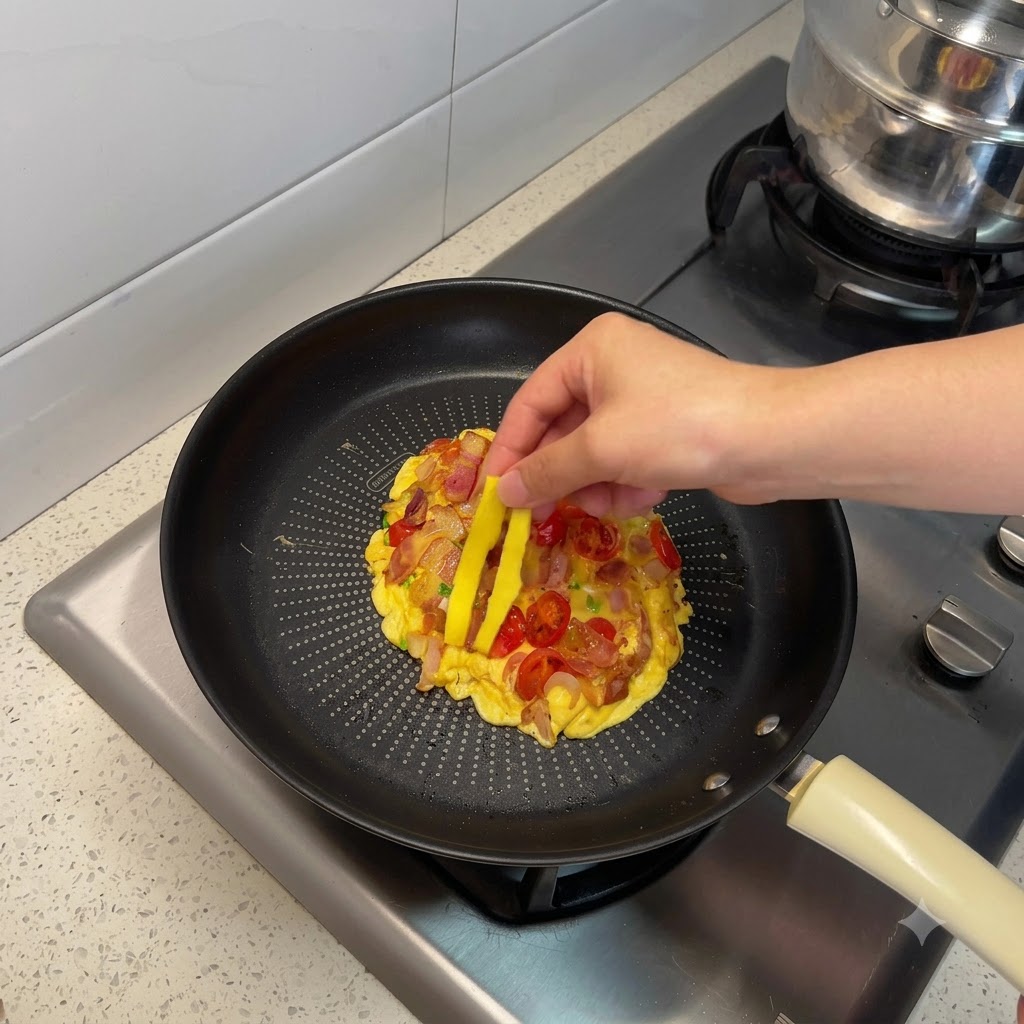 A hand placing yellow cheese strips onto a cooked egg scramble mixed with bacon and tomatoes in a frying pan.