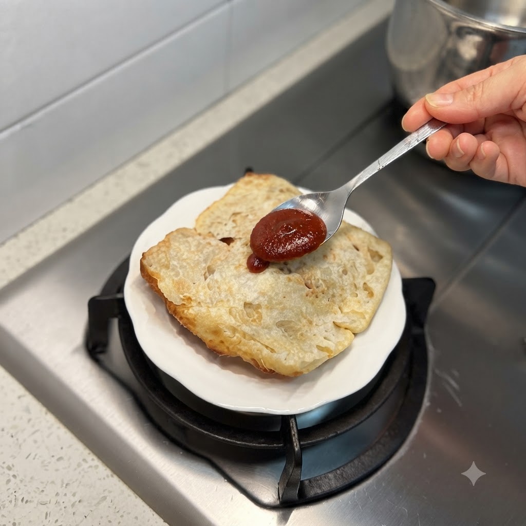 A spoonful of rich red beef sauce being spread onto a piece of toasted ciabatta bread on a small white plate.