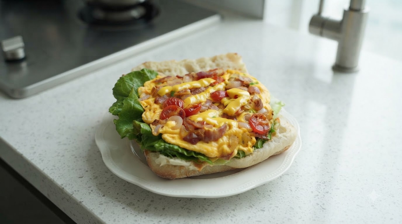 A gourmet ciabatta breakfast sandwich filled with crisp green lettuce, fluffy scrambled eggs, cherry tomatoes, bacon, and melted cheese.